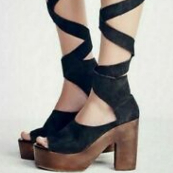 Free People Touch The Sky Wrap Tie Laced Up Wooden Clog Open Toe Heels Shoes 37 - Picture 3 of 3
